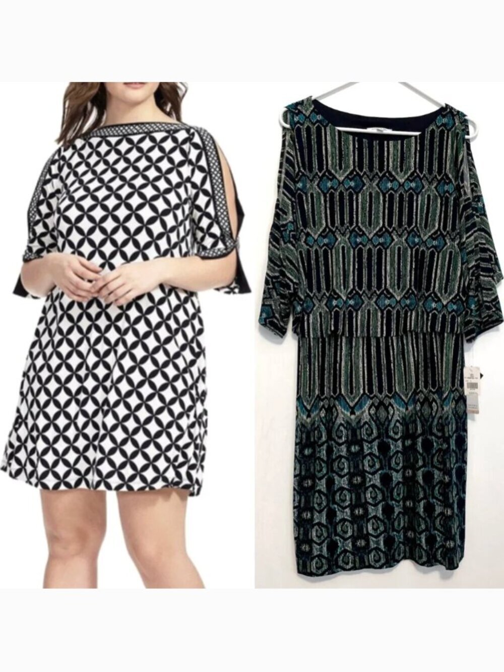 NEW NWT SANDRA DARREN Black Green Teal Geometric Geo Cold Shoulder Cutout Dress